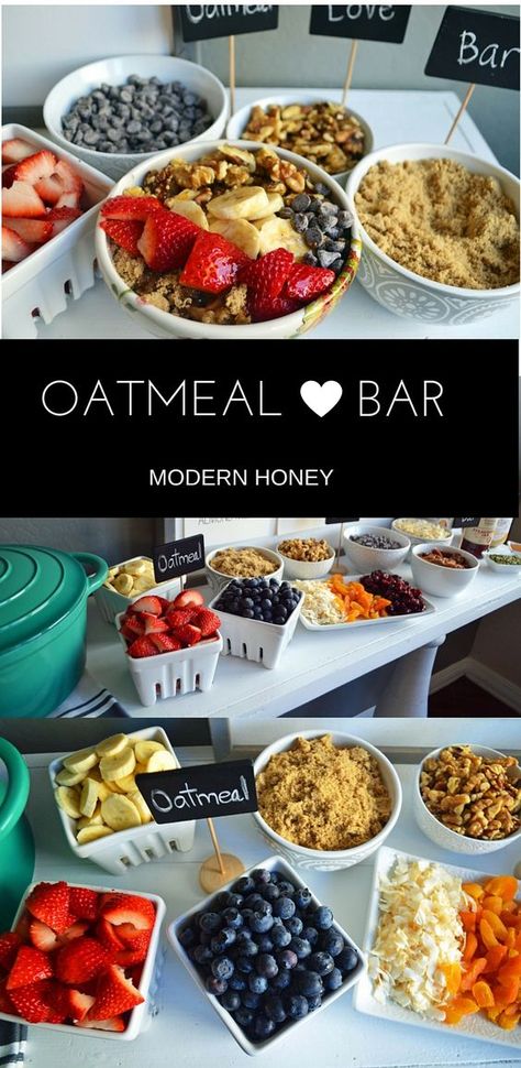 Oatmeal Bar with all of the topping ideas. List of the best oatmeal combination ideas. It's the perfect party brunch idea or a lazy Sunday breakfast. Gluten and dairy free alternatives. Breakfast Bar Food, Oatmeal Bar, The Best Oatmeal, Toppings Bar, Brunch Bar, Breakfast Party, Sunday Breakfast, Oatmeal Bars, Best Oatmeal