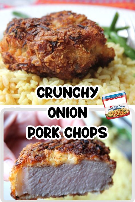 These crunchy pork chops are breaded with a combination of a classic breadcrumb breading mixed with French's Fried Onions. Fried onions are not just for green bean casserole, they add flavor and crunch to boneless pork chops! A great idea for pork chops for dinner! Onion Pork Chops, French Onion Pork Chops, Flexitarian Recipes, Breaded Pork Chops, Cheese Stuffed Chicken, Pork Stir Fry, Whole Roasted Chicken, French Fried Onions, Roasted Pork