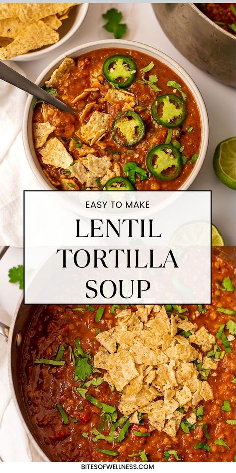 Bowl filled with lentil tortilla soup with jalapeno on top with a spoon resting in the bowl.