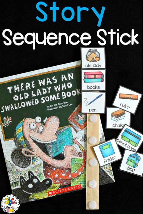 Sequencing Games Preschool, Sequencing Books For Preschool, Story And Activity Kindergarten, Story Stretchers For Preschoolers, Preschool Book And Activity, Children's Book Activities, There Was An Old Lady Who Swallowed Book, There Was An Old Lady Activities, Retelling Story Activities