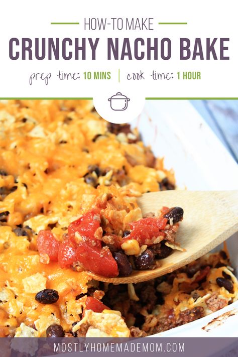 Crunchy Nacho Bake dinner recipe - the perfect weeknight dinner! If your family loves tacos and Mexican food, they will LOVE this casserole recipe! Nacho Bake, Homeschool Meals, Bake Dinner, Baked Nachos, Baked Dinner Recipes, Corn Cheese, Black Beans Corn, Baked Dinner, Favorite Dinner