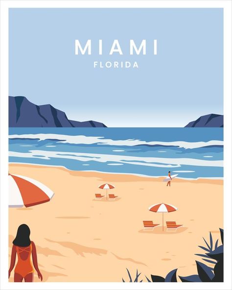 summer in miami beach florida. poster vector illustration with minimalist style. Florida Travel Poster, Miami Illustration, Florida Illustration, Miami Poster, Miami Posters, Florida Poster, Vector Landscape, Decor 2023, Minimalist Illustration