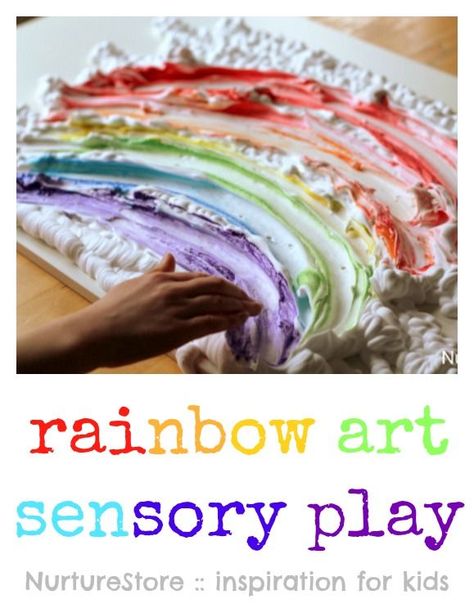 Such hands-on fun! Rainbow art shaving foam sensory play ideas. Foam Sensory Play, Play For Kids, Shaving Foam, Sensory Art, Rainbow Crafts, Messy Play, Rainbow Theme, Preschool Fun, Rainbow Art