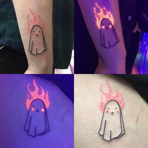 kayla newell (@kaylarrrrr) no Instagram: “👻👻👻 #pdxtattoo #neontattoo” Spongebob And Patrick Tattoo, Neon Ghost, Ghost Tattoos, Cute Halloween Tattoos, Uv Tattoo, Ghost Tattoo, Geometric Tattoo Design, Original Tattoos, Spooky Tattoos