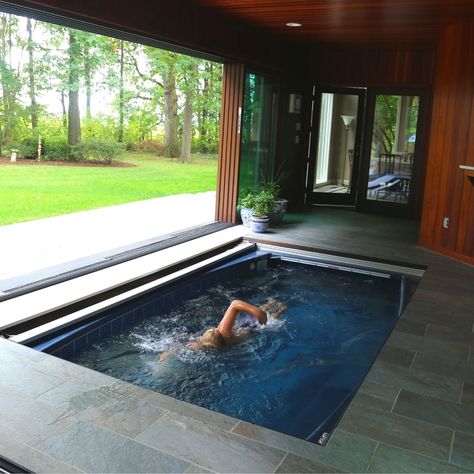 Indoor Lap Pool Designs, Sunroom With Pool, Endless Pool Indoor, Sunroom Pool, Indoor Pool Ideas, Paris Pool, Indoor Swim Spa, Small Indoor Pool, Indoor Pool House