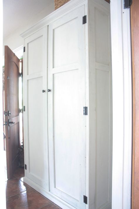 DIY Mudroom in an Armoire – The Inspired Workshop Cute Mudroom, Southern Style Homes Interior, Armoire Repurpose, Foyer Closet, Southern Style Homes, Armoire Diy, Garage Entrance, Entryway Storage Cabinet, Mudroom Cabinets