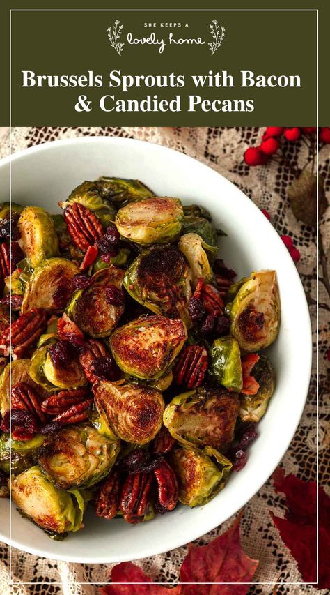 These brussels sprouts are the ultimate Thanksgiving side dish! They’re baked in bacon fat till crispy, then mixed with cranberries and candied pecans, spiced with smoked paprika and cayenne pepper! With only 6 main ingredients and a few spices, it takes only about an hour to make, and everyone at the Thanksgiving dinner table will be begging for the recipe. Thanksgiving Brussel Sprouts, Easy Christmas Dinner, Brussels Sprouts With Bacon, Pumpkin Risotto, Christmas Side Dishes, Easy Thanksgiving Recipes, Thanksgiving Week, Bacon Brussel Sprouts, Recipes Thanksgiving