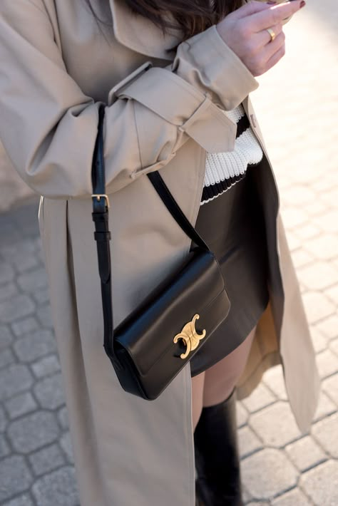 Coco & Vera - Celine Triomphe handbag, H&M trench, Sezane miniskirt Celine Triomphe Shoulder Bag Outfit, Celine Bag Aesthetic, Celine Triomphe Bag Outfit, Celine Ava Triomphe, Celine Triomphe Mini, Celine Bag Outfit, Celine Teen Triomphe Bag, Celine Crossbody Bag, Triomphe Celine