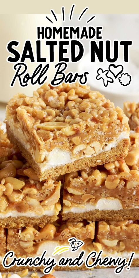 Salted Nut Roll Bars, Nut Roll Bars, Salted Nut Roll, Salted Nut Rolls, Marshmallow Caramel, Nut Roll Recipe, Nut Roll, Chocolate Chip Cheesecake Bars, Nut Rolls