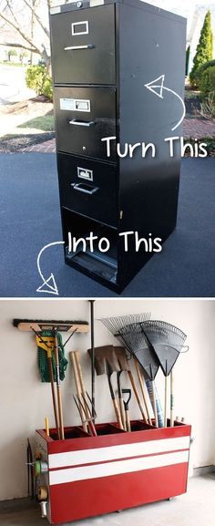 File cabinet turned garage storage Koti Diy, Unusual Furniture, Garage Organize, Ikea Hackers, Diy Furniture Hacks, Garage Makeover, Makeover Ideas, Furniture Hacks, Creative Furniture