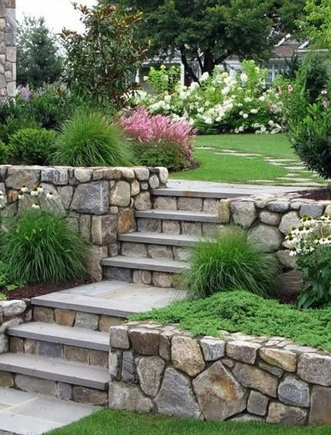 ༺♥༻ Contemporary Landscape Design, Sloped Yard, Sloped Backyard, Stone Steps, Landscaping Retaining Walls, Garden Stairs, Sloped Garden, Garden Steps, Landscape Designs