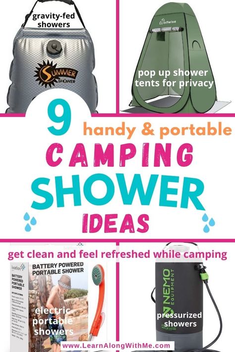 9 camping shower ideas including gravity-fed camping showers (solar bags), electronic camping showers and pressurized camping showers. Plus camping shower tents are mentioned as a way to get some privacy while showering at the campsite. Pop Up Shower Tent, Diy Camping Shower Ideas, Pop Up Camper Accessories, Camping Shower Ideas, Luxury Camping Gear, Portable Camping Shower, Outdoor Camping Shower, Travel Trailer Organization, Tent Ideas