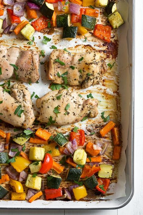 Assemble this super easy chicken and vegetable dinner on a sheet pan and pop it into your oven for a delicious, fuss-free meal. For easy clean-up, line your sheet pan with foil or parchment. Dinners For Diabetics, Baked Boneless Chicken Thighs, Vegetable Dinner, Sheet Pan Meals Chicken, Pan Chicken Recipes, Veggie Dinner, Pan Dinners, Herb Chicken, Free Meal