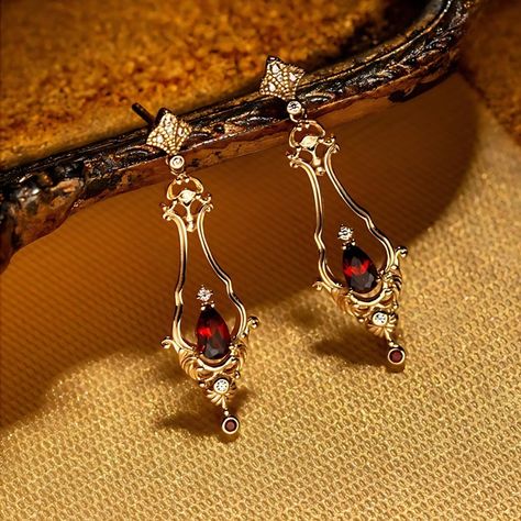 Vintage Ruby Earrings, Gold Ruby Earrings, Garnet Drop Earrings, Ear Drop, Pear Earrings, Ruby Earrings Studs, David Rose, Red Jewelry, Garnet Jewelry