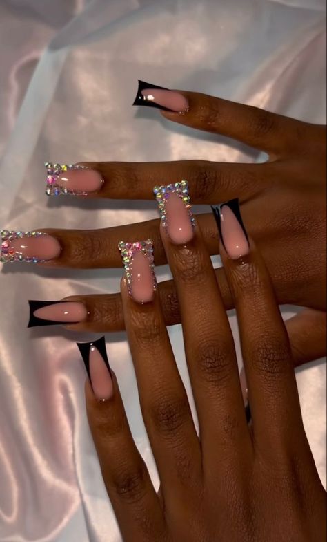 Nail Inspi For Black Women, 35th Birthday Nail Ideas, Sneaker Ball Nails, Black French Tip Nails With Jewels, Black Birthday Acrylic Nails, Pink Acrylic Toe Nails, Extra Birthday Nails Medium Length, Nails Birthday Design Ideas, Black Nail Designs Square