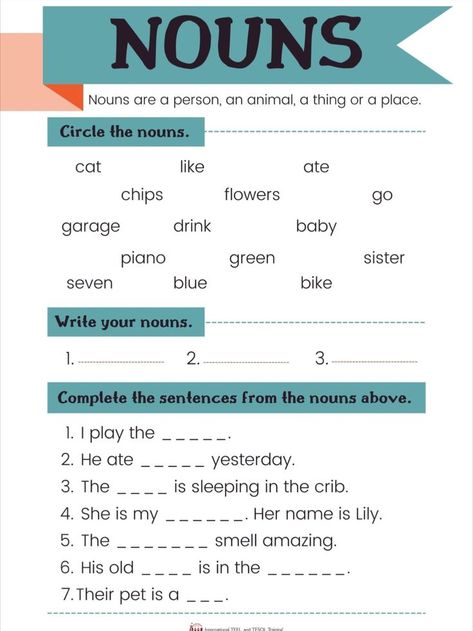 Nouns are a person, an animal, a thing or a place. Nouns Worksheet Kindergarten, Proper Nouns Worksheet, Teach English Online, Common And Proper Nouns, English Grammar Exercises, Grammar For Kids, Nouns Worksheet, English Activities For Kids, Spring Words