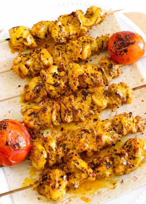 Persian Chicken Kabob - Moribyan Persian Chicken Kabobs, Iranian Chicken Kabob, Curry Chicken Kabobs, Afghan Chicken Kabobs, Persian Chicken Recipes, Panini Kabob Grill Chicken Recipe, Persian Chicken Kabob Marinade, Middle Eastern Chicken Kabobs, Persian Recipes Iranian