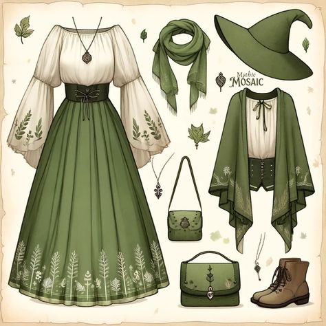 🤍🍃🤍 Forest Clothes Drawing, Forest Clothing Concept Art, Narnia Aesthetic Outfit, Feywild Aesthetic Clothes, Cottagecore Outfits Dress, Nature Themed Outfit Drawing, Fantasy Forager Outfit, Cute Witch Outfits, Forest Outfit Aesthetic