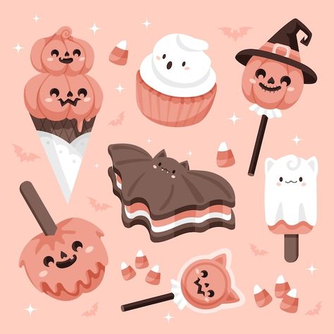 Kawaii Halloween Dessert, Spooky Drawings Halloween, Kawaii Halloween Drawings, Halloween Food Illustration, Kawaii Halloween Aesthetic, Spooky Food Drawing, Halloween Food Drawing, Halloween Kawaii Drawings, Halloween Candy Tattoo