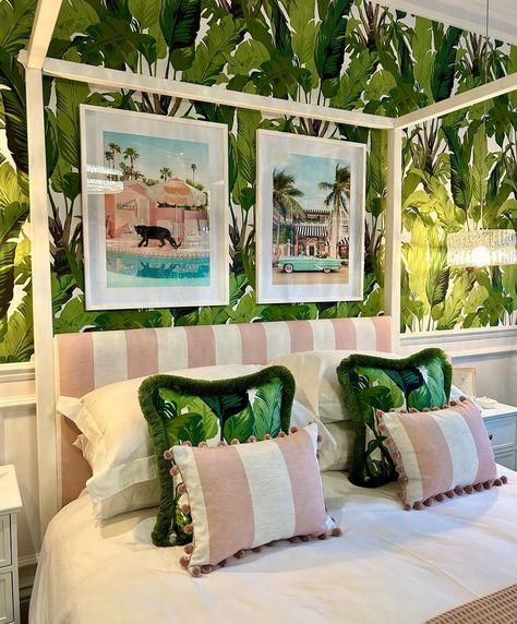 A Room Tour: Amanda Holden's Tropical Paradise – Woodchip & Magnolia Tropical Hotel Bedroom, Beverly Hills Hotel Bedroom, Palm Tree Bedroom, Mobile Bookstore, Beverly Hills Hotel Wallpaper, Pink Linen Fabric, Blush Pink Wallpaper, Magnolia Wallpaper, Banana Leaf Wallpaper