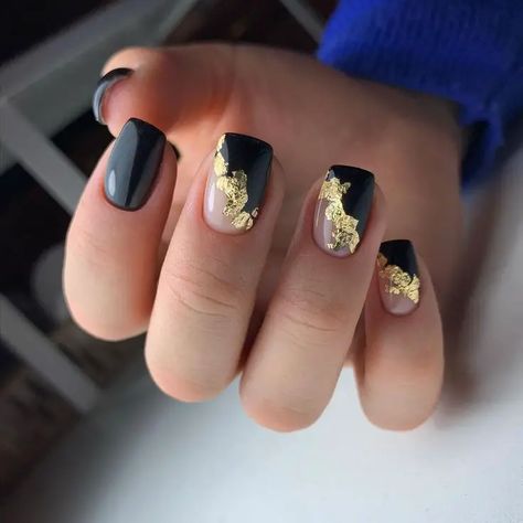 Black And Gold Nails Short, Black Gold Nails, Black Gel Nails, Lavender Nails, Vibrant Nails, French Acrylic Nails, Short Acrylic, Nail Design Ideas, Short Acrylic Nails Designs