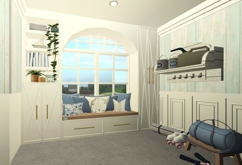 Costal Bloxburg House Exterior 1 Story, Coastal Garage Interior, Bloxburg House Window Ideas, Bloxburg Bay Window Ideas, Bloxburg Window Seat Ideas, Coastal Grandmother Bloxburg House, Bloxburg House Coastal Ideas, Coastal Mudroom Bloxburg, Bloxburg Windows Ideas