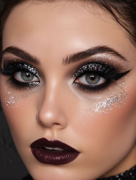 Villian Era Makeup, Winter Goth Makeup, Witch Make Up Ideas, Witchy Eye Makeup, Modern Witch Makeup, Dark Queen Makeup, Dark Eye Makeup Looks, Glam Goth Makeup, Dark Glam Makeup