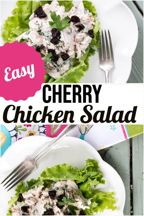 Cherry chicken salad - this chicken salad is so easy and versatile! This version uses dried cherries and walnuts, but you can substitute different dried and fresh fruits and change up the nuts! It's easy and elegant, perfect for lunch or a light dinner! A great use for rotisserie chicken. Cherry Chicken Salad, Cherry Chicken, Healthy Dinner Salads, Salad Recipes Healthy Easy, Easy Chicken Salad, Pecan Chicken, Salads Recipes, Meals Recipes, Summer Meals