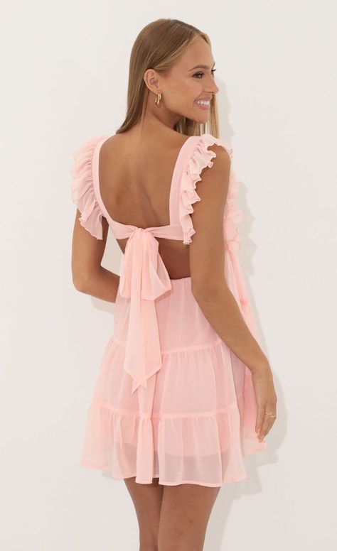 Gisela Chiffon Baby Doll Ruffle Dress in Pink | LUCY IN THE SKY Light Pink Mini Dress, Square Neckline Dress, Cute Formal Dresses, Banquet Dresses, Light Pink Dress, Preppy Dresses, Lucy In The Sky, School Clothes, Hoco Dresses