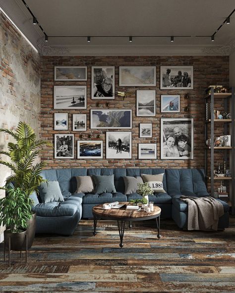 Industrial Chic Interior Living Rooms, Living Room Designs Industrial, Large Empty Wall Ideas Living Rooms, Interior Brick Walls, Exposed Brick Living Room, Industrial Design Living Room, Interior Design Loft Style, Sala Industrial, Industrial Farmhouse Living Room