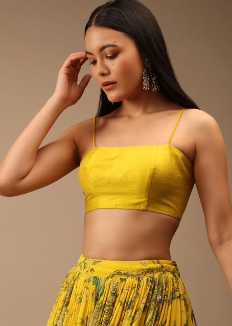 Strap Saree Blouse Designs, Strap Saree Blouse, Yellow Sari Blouse, Yellow Choli, Blouse With Straps, Yellow Sari, Lehenga Top, Latest Saree Blouse, Designer Blouses Online