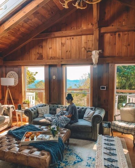 Cabins And Cottages Cozy, Eclectic Cabin Living Room, All Wood Cabin Interior, Vacation Cabin Interior, Cabin Core Living Room, Wooden Cabin Living Room, Modern Cabin Living Room Decor, Alaska Homes Interior, Modern Camp House