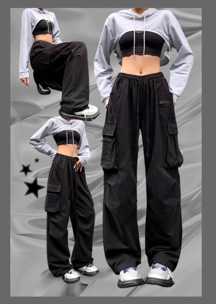 Baggy Cargo Pants With Crop Top, Sports Bra And Cargo Pants Outfit, Cropped Hoodie And Cargo Pants Outfit, Dance Cargo Pants, Tank Top With Baggy Pants, Crop Top Outfits With Cargo Pants, Cargo Pants Styles For Women, Baggy Cargo Sweatpants Outfit, Cargo Pants Outfit Crop Top