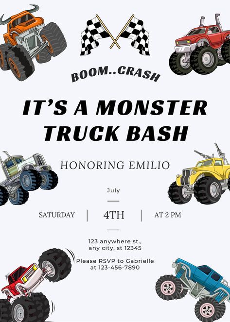 Monster Truck Bash, Monster Truck Invitation, Bday invite, Kids Party, Trucks Invite, Digital Template, Digital Upload, Instant Upload Monster Truck Invite Template, Monster Jam 2nd Birthday, Monster Jam Birthday Invitations, Three Year Old Birthday Party Boy Themes, Monster Truck 3rd Birthday Party, Monster Truck Birthday Invitations, Monster Truck Birthday Party Ideas, Monster Jam Birthday, Monster Truck Theme