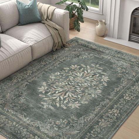 PRICES MAY VARY. Floral Vintage Design: Our rug features a stunning floral medallion design, adding a touch of elegance and sophistication to any room. The floral patterns and traditional border will enhance any room's aesthetic Premium Material：Made from sturdy and soft materials,our foldable rug is built to provide comfortable support for your feet. The non-slip backing keeps the rug in place. Designed for high-traffic areas, our rug boasts built-to-last durability Easy Care: Please unfold the Dark Green Rug Living Room, Cottage Core Rug, Cottagecore Rug, Dark Green Area Rug, Living Room Rug Ideas, Dark Green Rug, Vintage Floral Rugs, Vintage Living Room Furniture, Botanical Rug