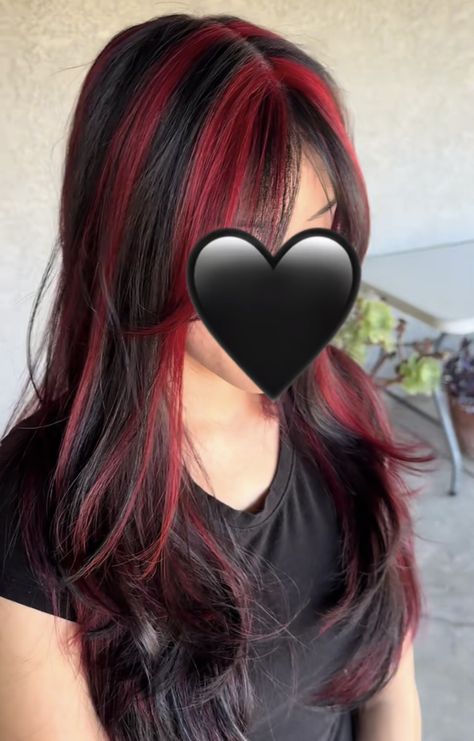 Blue Red Hair Color, Thick Red Highlights, Dark Blue Chunky Highlights, Black Roots Red Ends, Red Hair Chunky Highlights, Brown Hair With Colorful Highlights, Blue And Red Hair Color, Fun Dyed Hair, Chunky Highlights Red