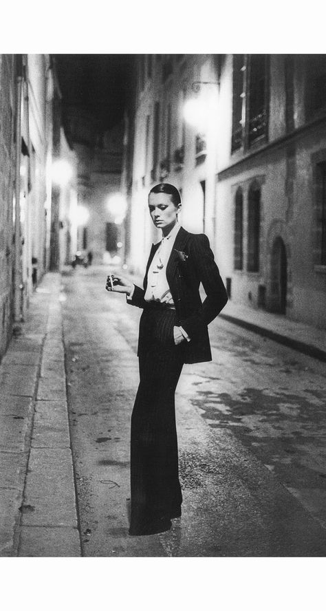 Vibeke Knudsen Rue Aubriot, French Vogue  Paris September 1975  White Women  series YsL “Le Smoking” © Helmut Newton Sirpa Lane & Vibeke Knudsen Blake Lively Suit, Saint Laurent Aesthetic, Nadja Auermann, Woman In Suit, Isabella Rossellini, French Vogue, Tuxedo Women, Melanie Griffith, Helmut Newton