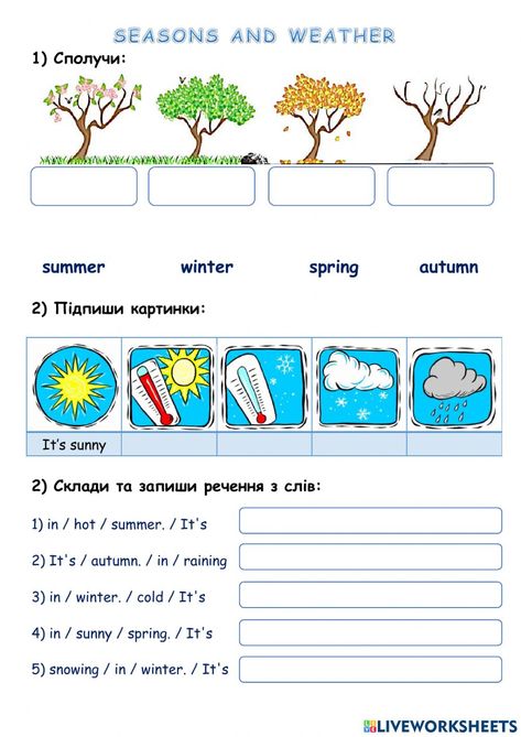 4 Seasons Worksheet, Seasons Worksheets For Kids, Season Worksheet, Weather For Kids, Seasons And Weather, Seasons Worksheets, Weather Worksheets, Practice English, Seasons Months