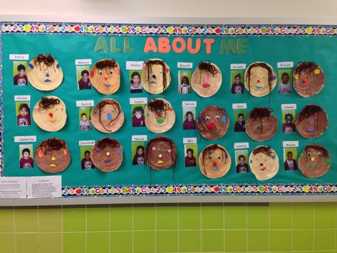 Reception All About Me, All About Me Bulletin Board Toddlers, Paper Plate Self Portrait Preschool, Reggio All About Me, Paper Plate Self Portrait, Preschool Display Boards, All About Me Display, All About Me Eyfs, Preschool Displays