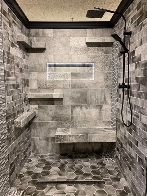 Qualis Valletta Shower Installation // Rustic Modern // Hexagon Tile Floor // Tiled Shower Area // Walk In Shower Hex Shower Floor, Shower Open, Rustic Bathroom Shower, Black Tile Bathrooms, Tile Walk In Shower, Linear Shower Drain, Bathroom Cabinets Designs, Shower Area, Walk In Shower Designs