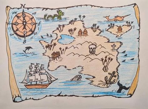 Here is my drawing of a compass and an island map. Island Map Drawing, Fantasy Map Drawing Ideas, Pirate Map, Diy Map, Map Sketch, Summer Drawings, Gold Map, Fantasy World Map, Map Projects