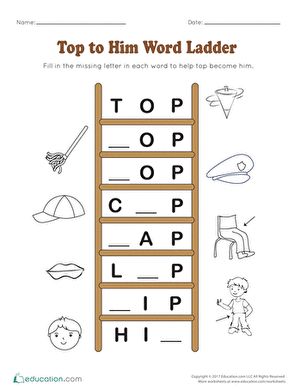 Top to Him Word Ladder | Worksheet | Education.com Word Ladders, Reading Tips, First Grade Reading, Stay On Track, Elementary Education, Guided Reading, One Word, Teacher Stuff, Worksheets For Kids