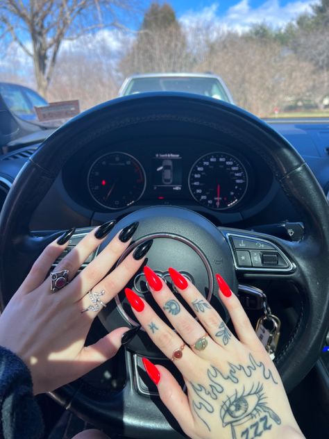 Black Nail Inspiration Acrylic, Black Acrylic Nails Ideas Almond, Audi Nails Design, Red Or Black Nails, Matt Acrylic Nail Designs, Red And Black Acrylic Nails Designs Ideas, Red Black Almond Nails, Nails Red And Black Design, Black And Red Nails Almond Shape