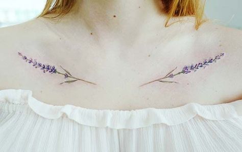 Collar Bone Tattoos For Women, Collar Bone Tattoos, Blue Flower Tattoos, Clavicle Tattoo, Bone Tattoo, Lavender Tattoo, Chic Tattoo, Feather Tattoo Design, Bone Tattoos