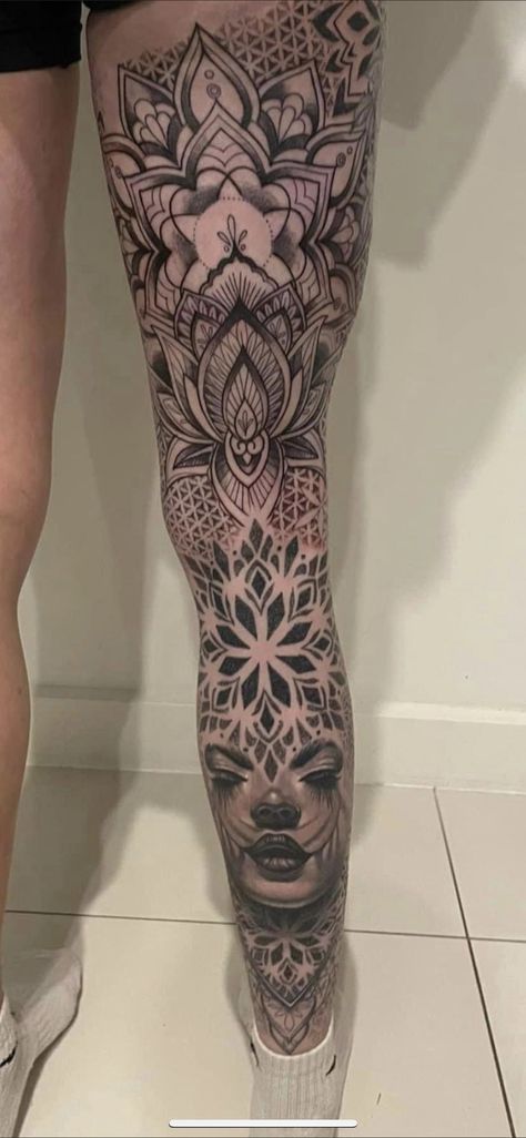 Calf Mandala Tattoos For Women, Womens Back Of Leg Tattoo, Front Of Shin Tattoos For Women, Mandela Leg Sleeve, Back Of Thigh Mandala Tattoo, Geometric Leg Sleeve Women, Full Leg Tattoo Female Black, Shin Tattoos For Women Mandala, Mandala Leg Sleeve Women