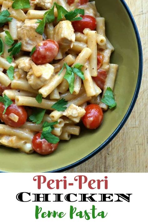 Creamy Peri-Peri Pasta with Chicken and Tomato. The spicy Peri-Peri sauce adds just the right amount of spice in this creamy chicken and penne pasta recipe #PeriPeri #SpicyChickenPasta #PennePasta #EasyWeekdayDinner Chicken And Penne Pasta, Onion Vinegar, Spicy Chicken Pasta, Chicken Penne Pasta, Penne Pasta Recipes, Peri Chicken, Pasta With Chicken, Chicken Penne, Peri Peri Chicken