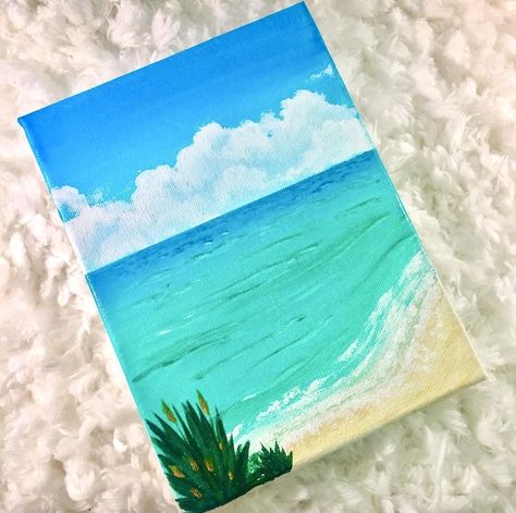 Canvas Painting Ideas Beach Easy, Ocean Easy Painting, Aesthetic Scenery Painting Easy, Sea Acrylic Painting Easy, Scenery Painting Aesthetic, Easy Beach Painting For Beginners, Sea Painting Easy, Beach Acrylic Painting Easy, Beach Painting Easy