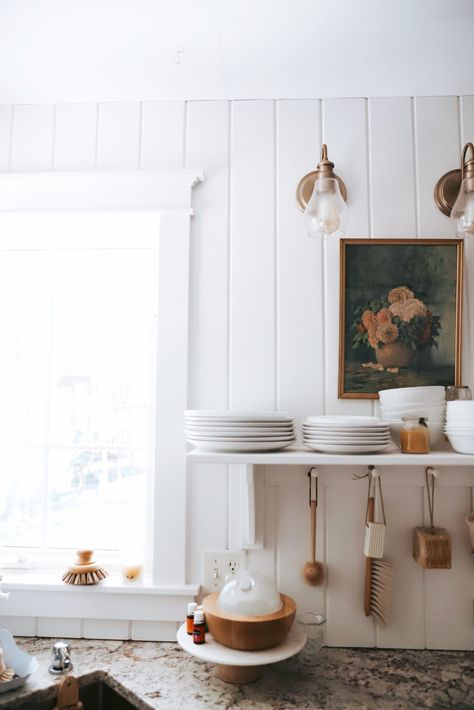 Shiplap Kitchen Backsplash, English Cottage Kitchens, Vertical Shiplap, Kitchen Open Shelves, Shiplap Kitchen, Shiplap Backsplash, Open Kitchen Shelves, White Shiplap, Cottage Kitchen