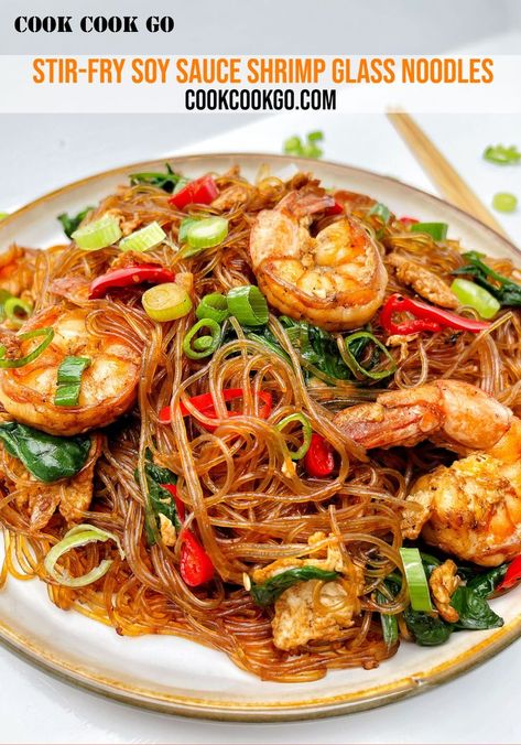 Shrimp With Glass Noodles, Glass Noodles With Shrimp, Asian Shrimp Stir Fry, Glass Noodle Stirfry, Shrimp Glass Noodle Recipes, Stir Fry Noodles Shrimp, Spicy Glass Noodle Recipes, Glass Noodle Stir Fry With Cabbage, Asian Shrimp Noodles