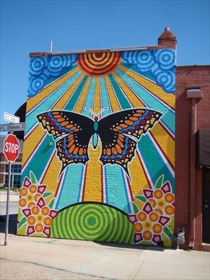 Bright butterfly mural - Enid, OK - Murals on Waymarking.com Butterfly Mural, Pavement Art, Garden Mural, Afrique Art, School Murals, Trippy Painting, Fence Art, Cute Canvas Paintings, Graffiti Murals